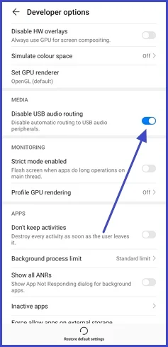 Developer options - audio routing