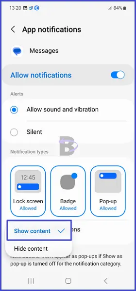 How to Fix Samsung S23 Message Notifications Not Working 9 Enabling Show content in lock screen notifications